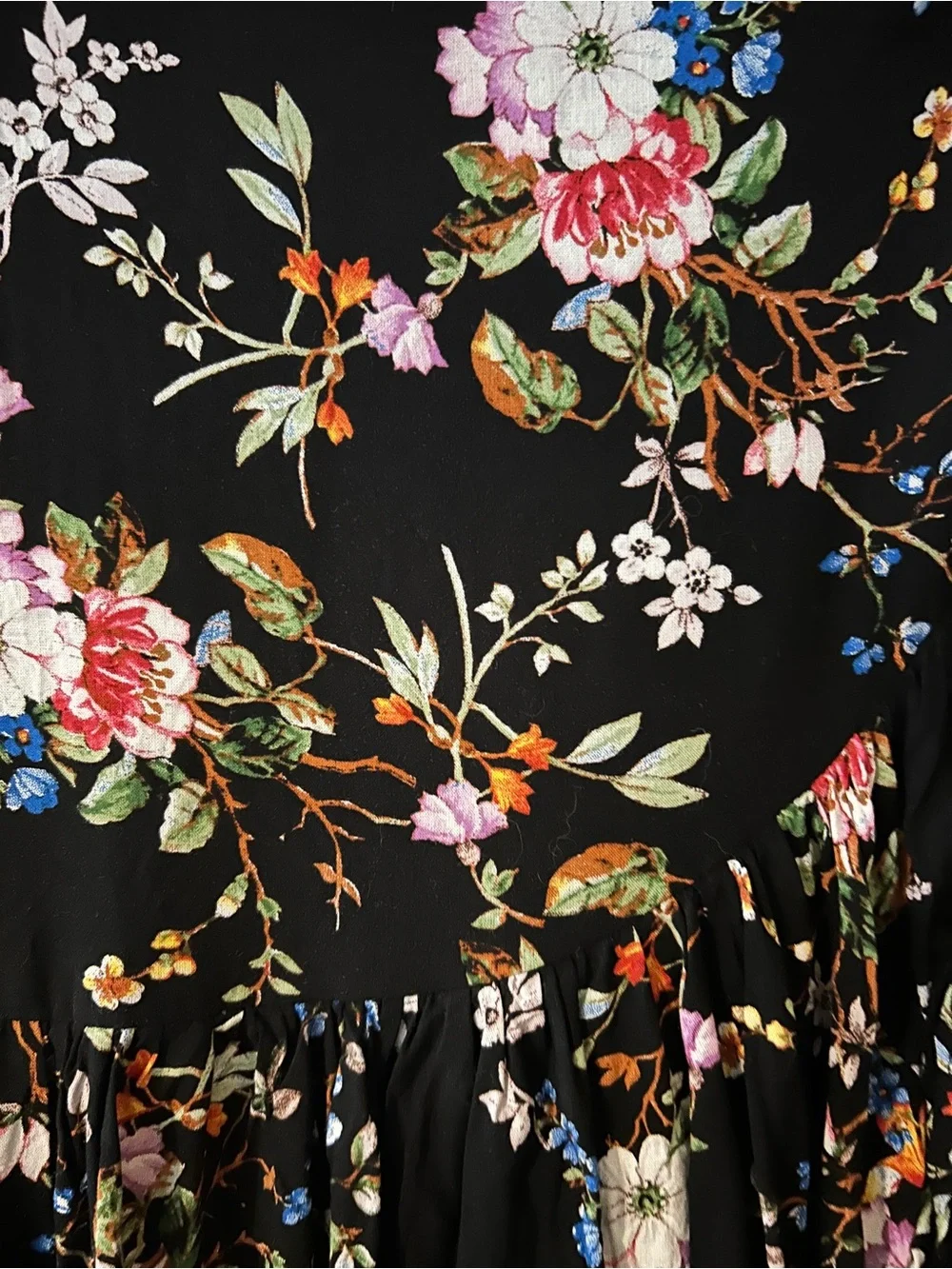 Black Floral Midi Skirt with Ruffle Hem